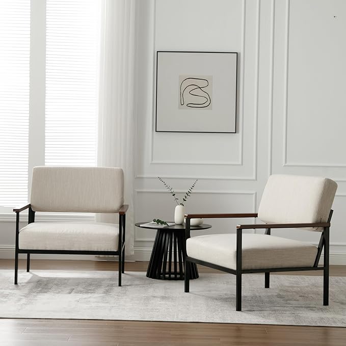 Mid Century Modern Accent Chair Arm Chairs, Comfy Armchair Linen Upholstered with Black Metal, Beige