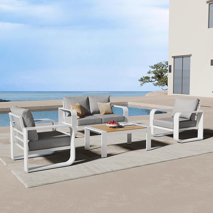 Aluminum Outdoor Patio Furniture Set 4 Piece, Oversized Patio Conversation Sets Widened Armrest & Ultra-Thick Cushions, Deep Seating Modern Sectional Furniture for Backyard, Deck, White