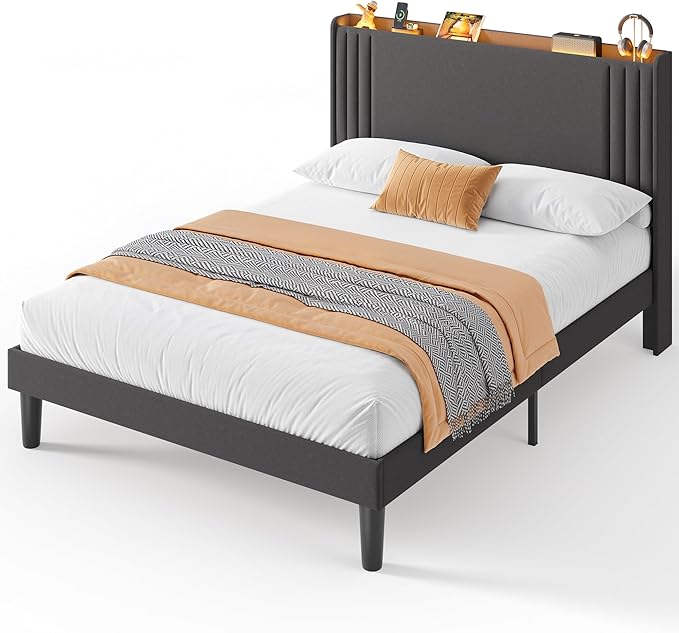 Gizoon Queen Bed Frame with Charging Station and LED Lights,Upholstered Wingback Platform Bed with Wooden Slats,Noise-Free,No Box Spring Needed