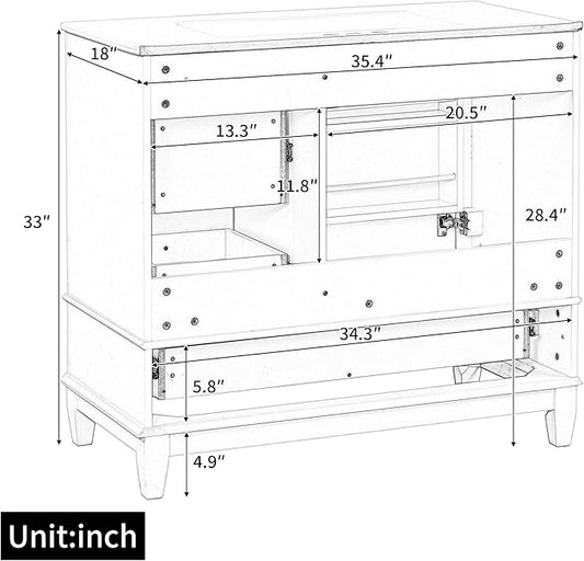 36 Inch Bathroom Vanity with Sink Set, Undermount Vanity Sink Cabinet with 3 Drawers and Door Storage, Soft Closing Door, Wood Frame, White