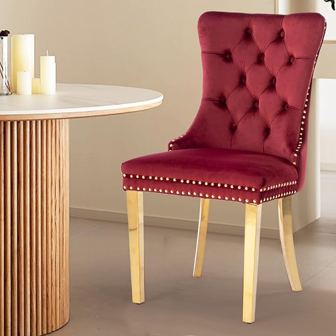 Velvet Upholstered Dining Chairs Set of 8, Modern Style Kitchen Side Chairs with Nailhead Trim and Gold Plated Leg, Metal Pulling Ring for Dining Room Living Room(Wine Red-Gold Plated Leg)