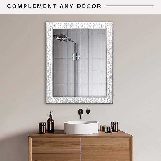 MCS Nordic Blossom Large Wall Mirror, Modern Rectangle Mirror Home Decor for Living Room, Bedroom, or Bathroom, 27 by 33 Inch, White