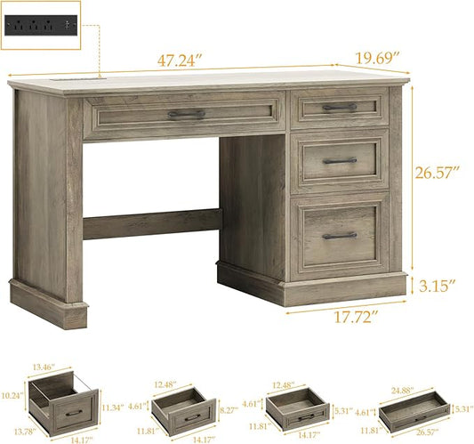 Farmhouse 47" Executive Desk, Computer Desk with Drawers and File Drawer, Workstation Computer Desk with Charging Station for Home Office,Study,(Wash Grey)