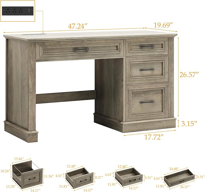 Farmhouse 47" Executive Desk, Computer Desk with Drawers and File Drawer, Workstation Computer Desk with Charging Station for Home Office,Study(Wash Grey)