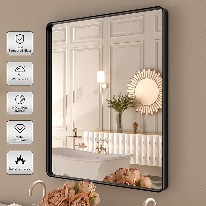Black Metal Framed Bathroom Mirror for Wall,28X32 Inch Rounded Rectangle Mirror,Matte Black Bathroom Vanity Mirror Farmhouse,Anti-Rust,Tempered Glass,Hangs Horizontally or Vertically