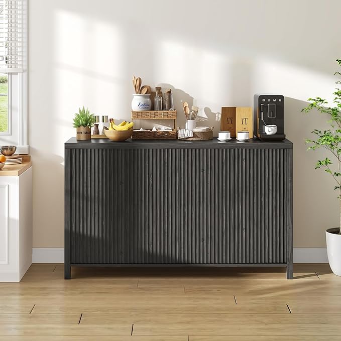 YOUDENOVA Fluted Buffet Cabinet with Storage, Modern Sideboard Cabinets with 4 Doors & Adjustable Shelves, Accent 56” Credenza Storage Cabinet, Wood Entryway Cabinet for Living Room Hallway, Grey