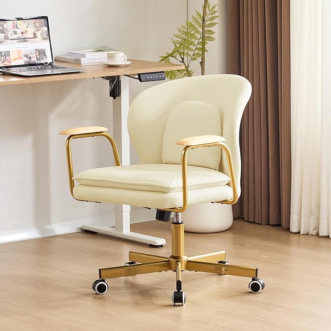 Furniliving Leather Home Office Desk Chairs,Comfy Office Chair, Adjustable Swivel Computer Chair with Golden Legs and Wooden Padded Armrest, Modern Upholstered Task Chair with Wheels,Beige