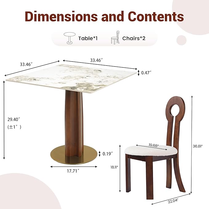 Sintered Stone Square Office Table and Chair Set - Meeting Table for Small Offices (Walnut Leg and Pandora Top, 1 Table and 2 Chairs)