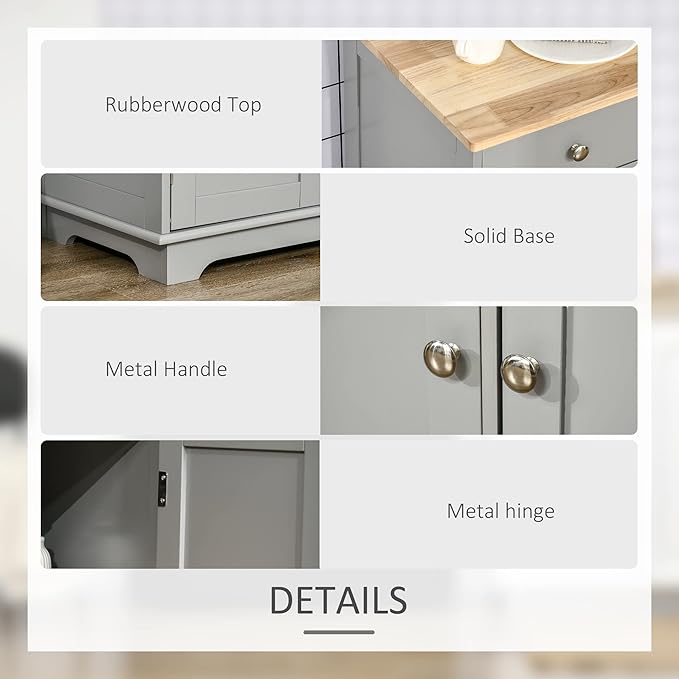 HOMCOM Sideboard with Solid Wood Countertop, Modern Kitchen Storage Cabinet, Coffee Bar Cabinet with 3 Drawers, Doors and Adjustable Shelf, Gray