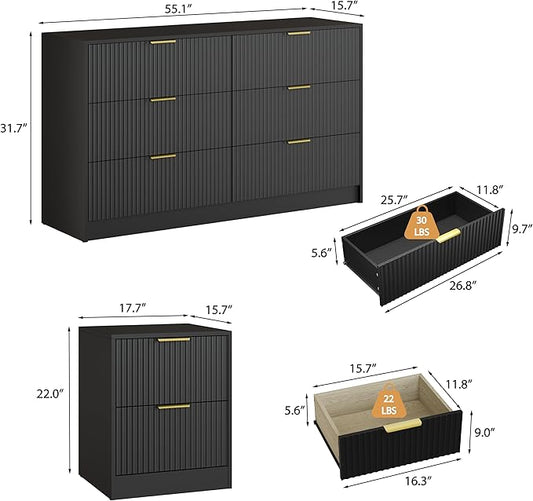 3-Piece Modern Bedroom Furniture Set, Wide 6-Drawer Dresser & 2-Drawer Nightstands Set of 2, Natural Wood Dresser and Nightstand Sets for Bedroom, Hallway, Black