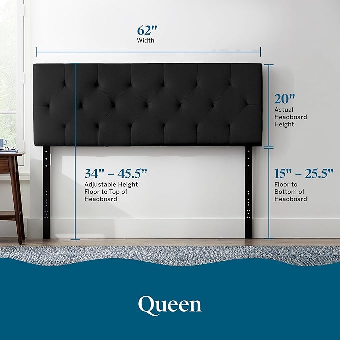 Lucid Mid-Rise Upholstered Headboard - Diamond Tufted - Padded Polyester - Adjustable Height from 34” to 46” - Easy Assembly - Bed Frame or Wall Mount - Sturdy - Black - Queen Size