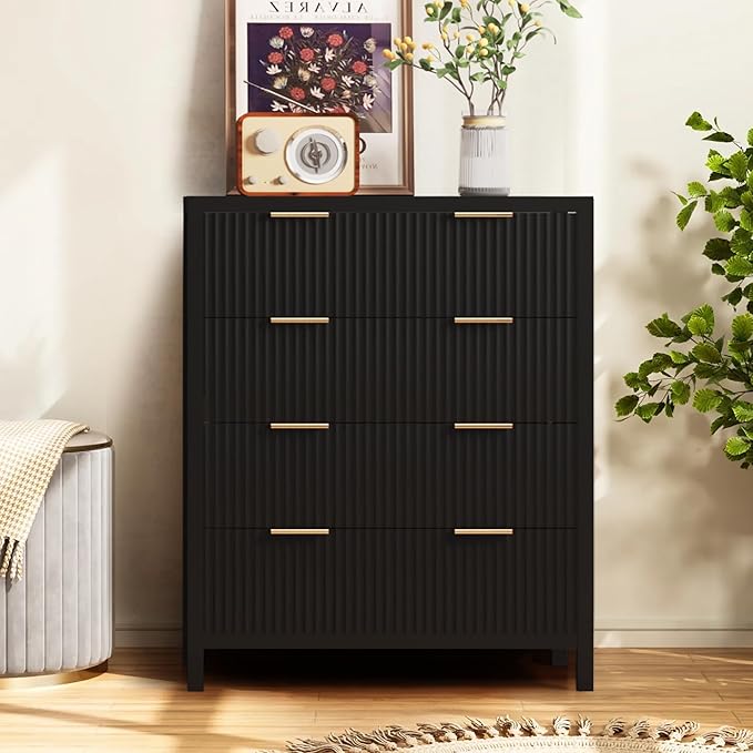 Fluted 4 Drawer Tall Dresser for Bedroom, Mid Century Modern Nightstand with Drawers, Tall Bedside Table for Closet Cloth, Living Room End Table with Storage for Dorm -Black