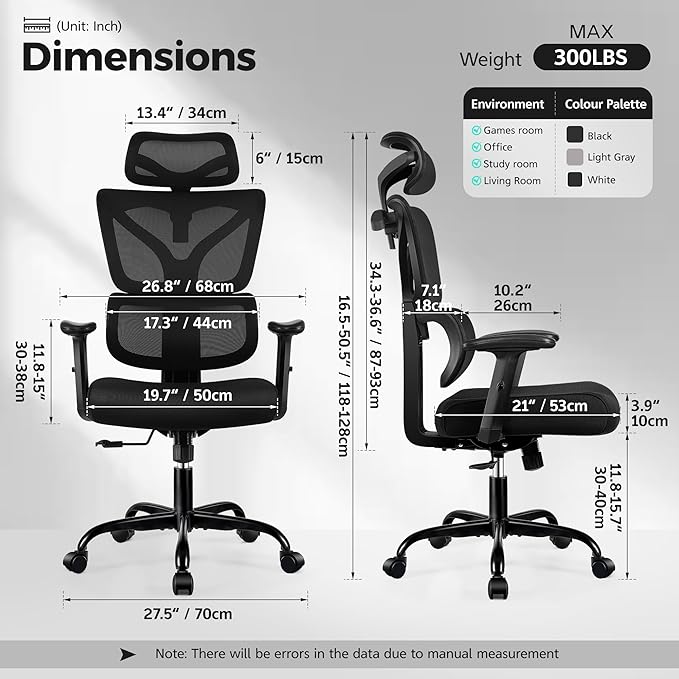 Ergonomic Office Chair High Back Desk Chair with Lumbar Support, Breathable Mesh Computer Chair with Adjustable Armrests Height, Reclining Swivel Big and Tall Gaming Chair for Home Office(Black)