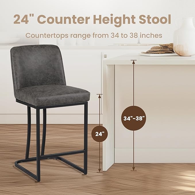 PHI VILLA Dark Grey Bar Stools Set of 2, Faux Leather Counter Height Chairs, Kitchen Stools for Island, 24 Inch Barstools with Back