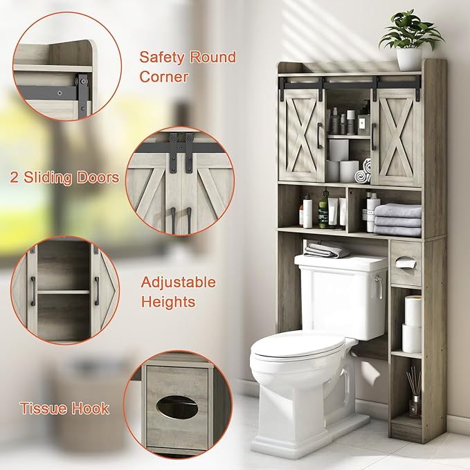 Vabches Over The Toilet Storage Cabinet, Farmhouse Storage Cabinet Over Toilet with Sliding Door& Toilet Paper Holder Stand,Home Space-Saving Toilet Rack, for Bathroom, Restroom, Laundry