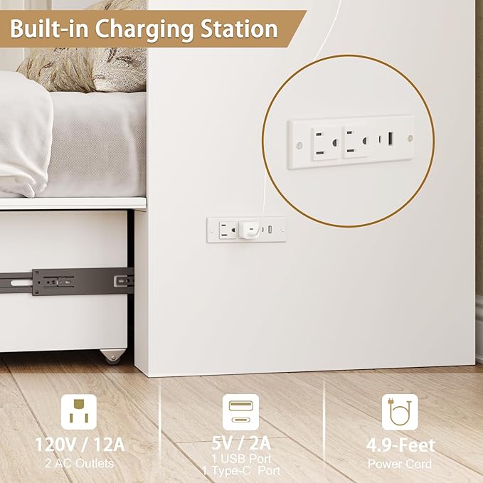 Full Size Murphy Bed with Charging Station - Wall Mounted Hideaway Cabinet Bed, Foldable Panel & Large Storage Drawer for Home Office,Small Room,Guest Bedroom,Living Room, White