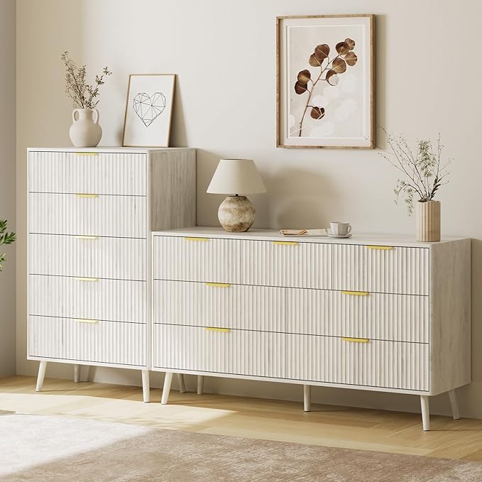 LYNSOM Fluted Dresser and Nightstand Sets 4 Piece, 1-Drawer Nightstands and 5/7 Drawers Dresser, Wood Bedroom Furniture Set for Home, Bedroom, Hallway, White