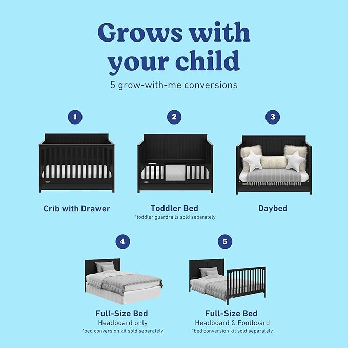Graco Hadley 5-in-1 Convertible Crib with Drawer (Black) – Combo, Includes Full-Size Nursery Storage, Converts from Baby Crib to Toddler Bed, Daybed