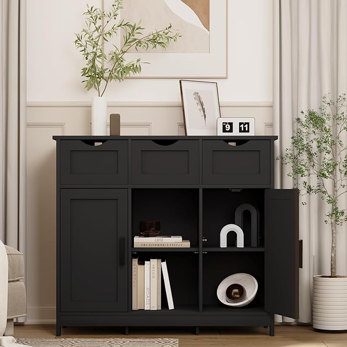 Sideboard Floor Storage Cabinet - Wooden Storage Organizer with 2 Doors and 3 Drawers, Free Standing Accent Buffet Cabinet with Adjustable Shelves for Living Room, Bedroom.Bathroom (Black)