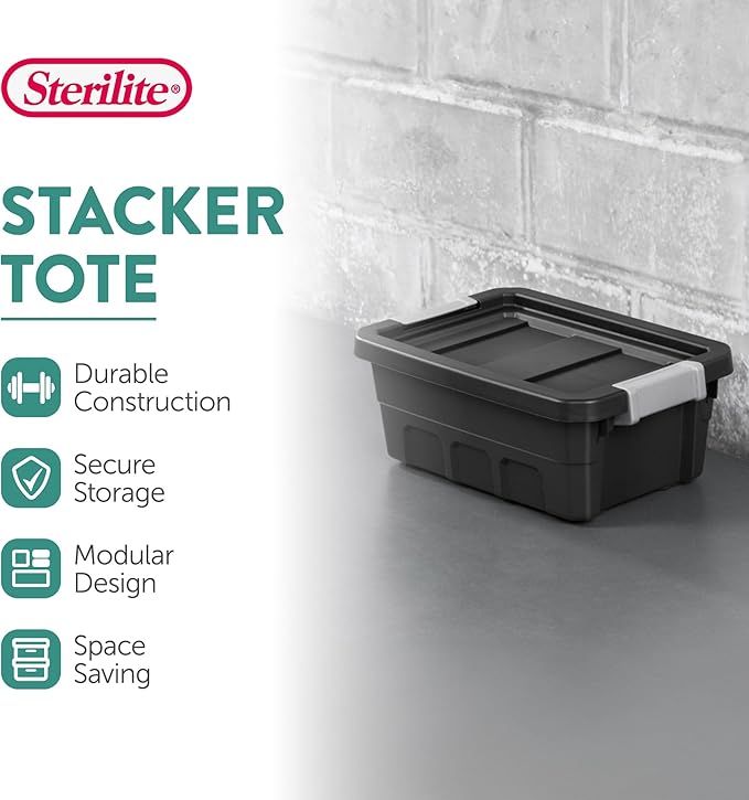 Sterilite 6-Pack Plastic Storage Bins with Lids, Stackable Containers, 4 Gallon, Black