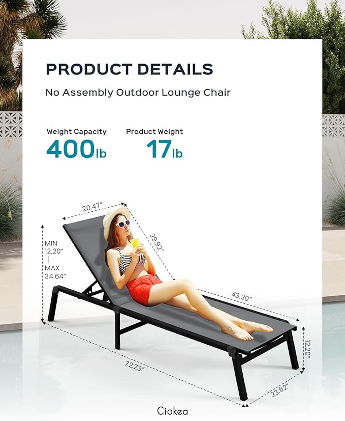 Ciokea Patio Chaise Lounge Chair, Foldable Lounge Chair for Outside, Aluminum Chairs Set of 2 with 5 Adjustable Backrest, Outdoor Pool Lounger for Poolside, Lawn, Deck, Grey