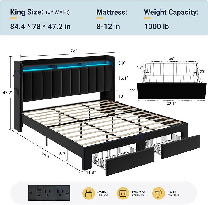 Allewie Velvet Vertical Tufted King Size Upholstered Platform Bed Frame with 2-Tier LED Storage Headboard & 2 Storage Drawers, USB & Type-C Charging Ports, Noise-Free/No Box Spring Needed, Black