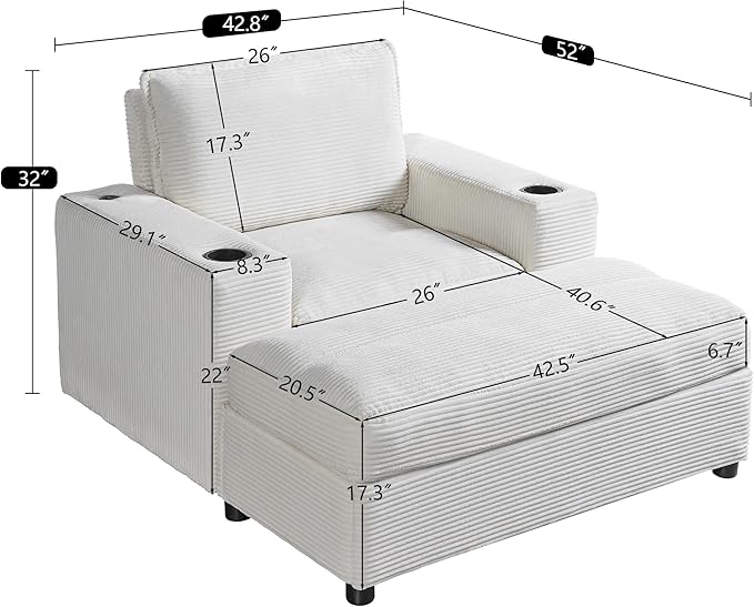 Christopher Knight Home Zoe Oversized Chaise Lounge Chair Indoor with Cup Holders & USB Charging Port, Corduroy Upholstered Sofa Bed + Ottoman with Storage, Comfy Deep Seat Sleeper Sofa Chair, Beige