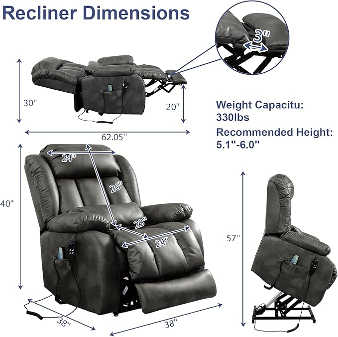 MAEVIS Large Genuine Leather Power Lift Recliner Chair, Dual Motor Recliner for Elderly,Extended Footrest and Lumbar Pillow for Tall Man,with Heat and Massage, USB and Type-C Ports(Silver Gray)