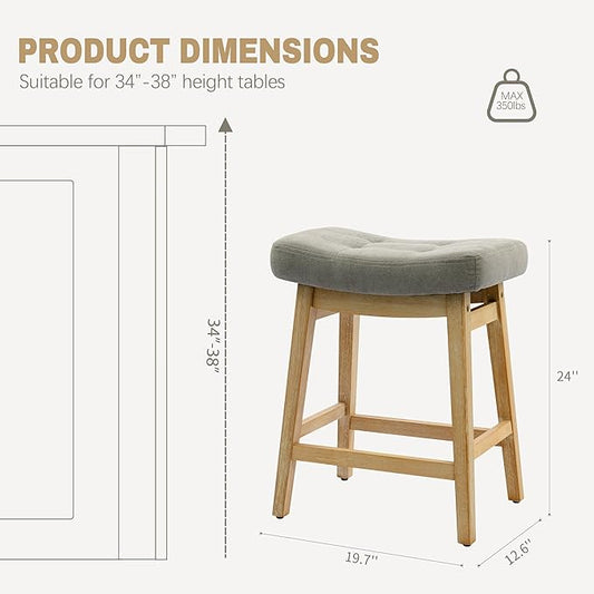 Counter Height Bar Stools Set of 2 for Kitchen Counter Farmhouse Modern Barstools with Upholstered Fabric Backless Seat and Solid Wood Legs 24 inch Bar Chairs, Grey + Wood Color