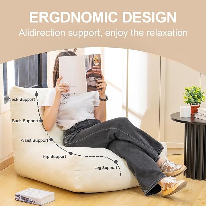 Bean Bag Chairs for Adults, Memory Foam Bean Bag Chair, Ergonomic Support Reading Floor Sofa Chair with Filler, Comfy Cozy Beanbag Couch for Bedroom Living Room (Beige Upgrade Sponge)