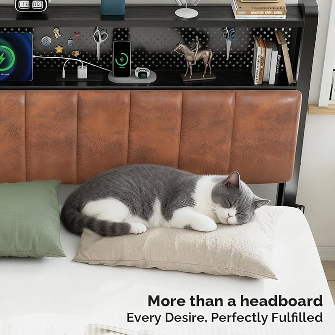 VINGLI Twin or Twin XL Size Headboard, Adjustable Upholstered Headboard with 2 Tier Shelves and Pegboard with Charging Stations and LED Lights, Modern Bed Headboard with Storage for Bedroom Decor