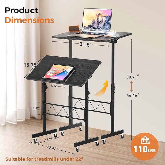 COMHOMA Small Standing Desk Adjustable Height & Tiltable Tabletop, Mobile Stand Up Desk for Laptop, Portable Computer Table for Home Office Work and Walking Pad Treadmill, Height 30.7"-46.4", Black