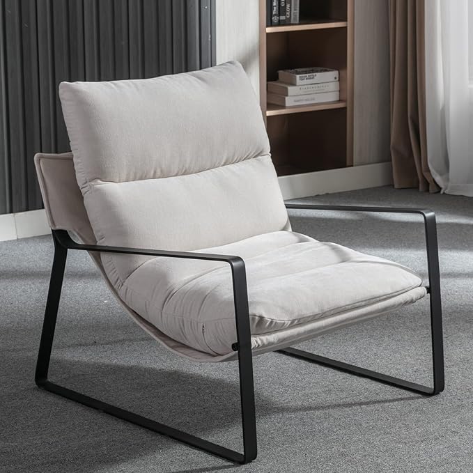 Mid-Century Accent Chair, Comfy Side Chair with Armrest Chenille Fabric, Upholstered Leisure Chair with Black Metal Frame for Living Room Bedroom Reception Room, White
