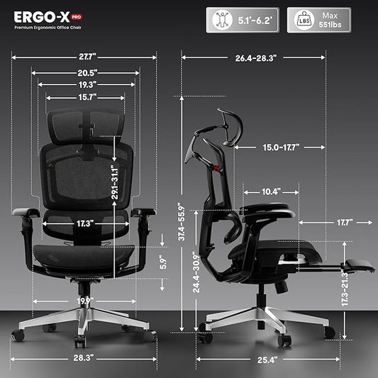 FLEXISPOT ErgoX-PRO Ergonomic Office Chair with Footrest Black – AeroWeave 5.0 Mesh Seat, 5D Lumbar, 7D Armrests, 4D Headrest, 551LBS Capacity – Office, Gaming, Home