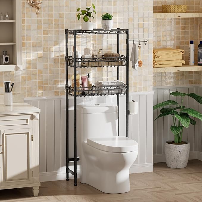 3-Tier Over-The-Toilet Storage Shelf,Heavy-Duty Adjustable Bathroom Rack with 2 Mesh Baskets,Toilet Paper Holder & Hooks,Space-Saving Organizer for Bathroom,10”D x 24”W x 66”H,Black