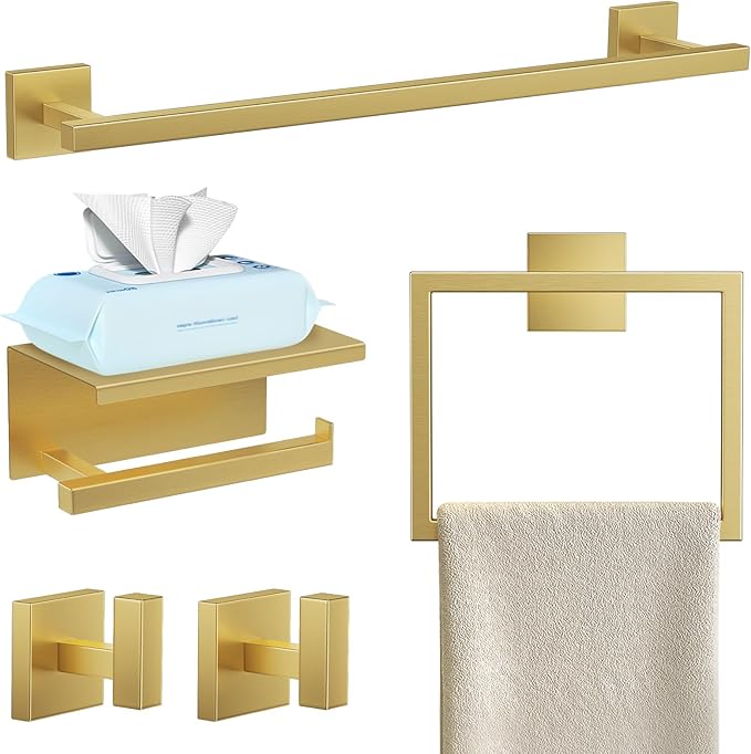 YACVCL 5-Pieces Brushed Gold Bathroom Hardware Accessories Set Stainless Steel Bathroom Towel Bar Set Towel Holder Set for Bathroom,Upgraded Toilet Paper Holder with Shelf,Wall Mounted 23.6"