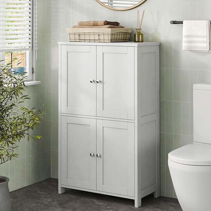 Nuturelly Bathroom Floor Storage Cabinet, Bathroom Organizers and Storage with Top Board & Metal Handles for Kitchen, White