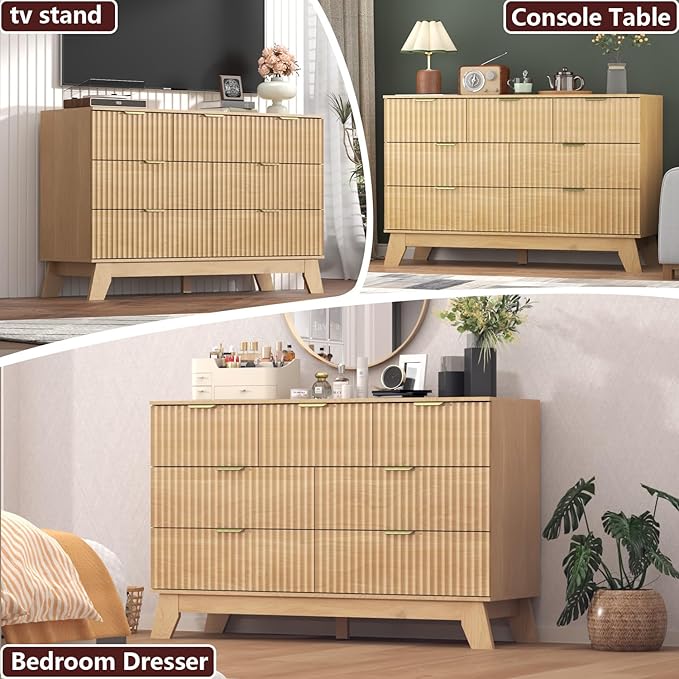 Fluted Dresser for Bedroom,7 Drawer Dresser for Closet,Storage Cabinet and Chest of Drawers with Gold Handle,TV Stand,Storage Organizer for Living Room,Hallway,Entryway,White