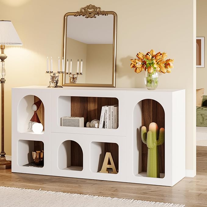 Tribesigns 59" White Console Table, Modern Entryway Table, Wooden Storage Organizer Entrance Table with 6 Compartments, Long Sofa Table, Behind Couch Table with Storage for Living Room, Hallway, Foyer