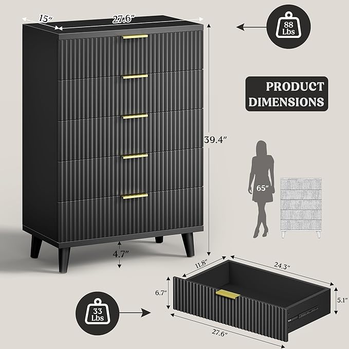 Lulive Black Dresser for Bedroom Wood Tall Dressers Drawers, Fluted Modern Dresser 5 Drawers Black