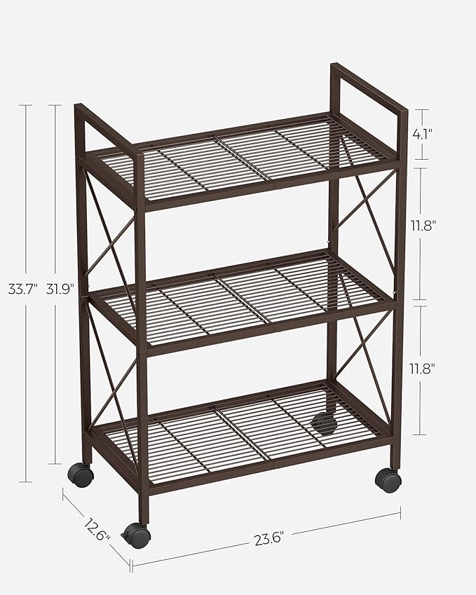 SONGMICS 3-Tier Metal Storage Rack with Wheels, Mesh Shelving Unit with X Side Frames, 23.6-Inch Width, for Entryway, Kitchen, Living Room, Bathroom, Industrial Style, Metallic Bronze UBSC163A01