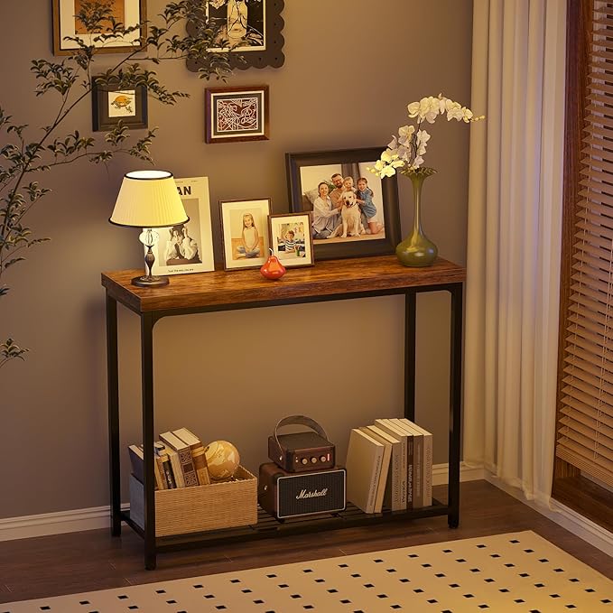 32" Small Console Table, 2-Tier Narrow Entryway Table, Sofa Table with Mesh Shelves, Console Tables for Living Room, Hallway, Entryway, Farmhouse Console Table with Storage, Rustic Brown