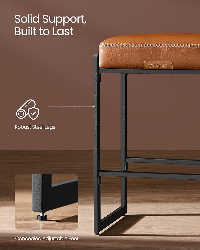 VASAGLE EKHO Collection - Bar Stools Set of 2, Counter Height Bar Stools, Synthetic Leather with Stitching, Mid-Century Modern Counter Stools, 26-Inch Tall, Kichen Home Bar Dining Room, Caramel Brown