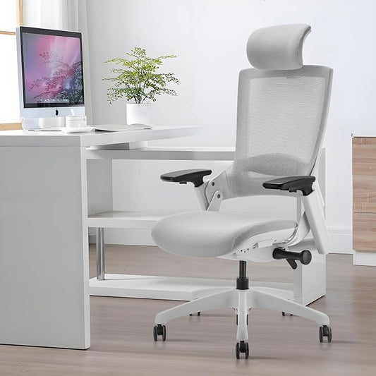 CLATINA Ergonomic High Swivel Executive Chair with Adjustable Height Head 3D Arm Rest Lumbar Support and Upholstered Back for Home Office Studio, Gray Mesh, 2 Pack
