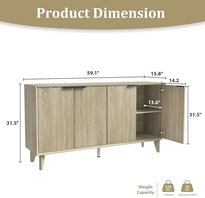 Fluted Cabinet with Storage, Buffet Sideborad with 4 Doors, Kitchen Buffet Storage Accent Cabinet with Adjustable Shelves for Living Room, Entry, Hallway, Natural