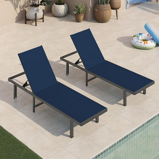 Pool Lounge Chairs, Chaise Lounge Outdoor with Wheels and 5-Position Recliner -Easy to Move- Aluminum Patio Lounge Chair for Poolside, Deck (Navyblue)