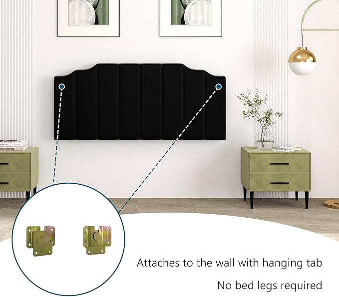 Queen Size Headboard Only, Velvet Wall Mounted Headboard Queen Size for Adjustable Bed, Modern Vertical Channel Design with Curved Tufted Upholstered Head Board and Luxury Soft Padded, Black