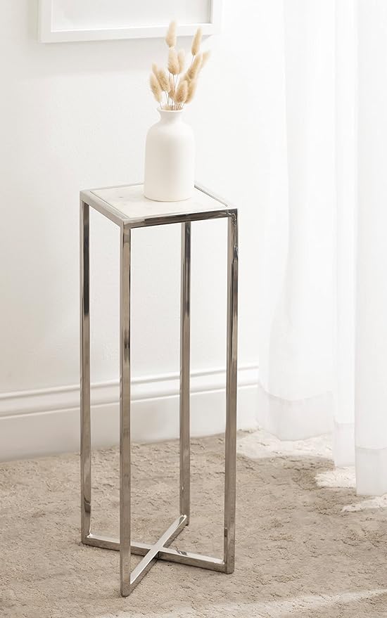 Kate and Laurel Jaspur Modern Glam Drink Table, 7 x 7 x 21, White and Silver, Decorative Metal and Marble Accent Martini Cocktail Table for Display and Storage