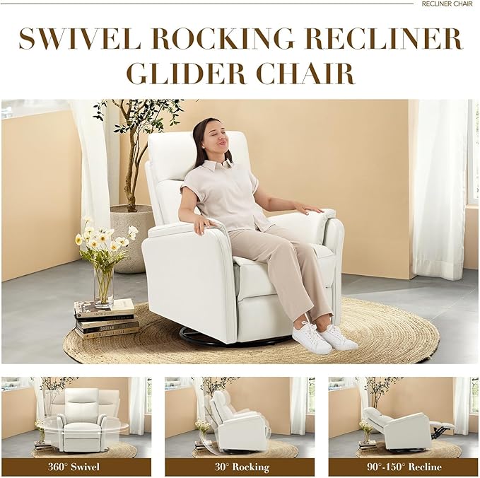 COLAMY Faux Leather Swivel Recliner Chair with Footrest, High Back with Double-Layer Cushion, Glider Recliner for Nursery & Living Room, Bedroom, Beige