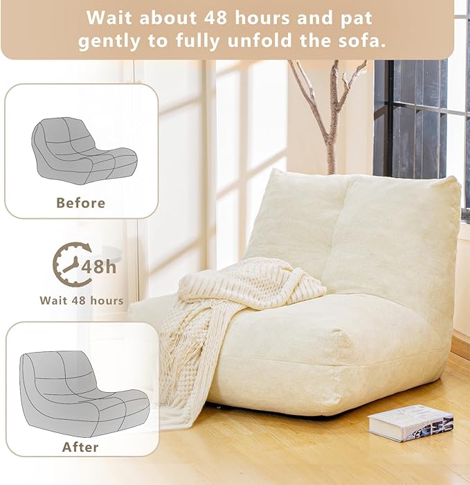 Bean Bag Chairs for Adults, Memory Foam Bean Bag Chair, Ergonomic Support Reading Floor Sofa Chair with Filler, Comfy Cozy Beanbag Couch for Bedroom Living Room (Beige Upgrade Sponge)